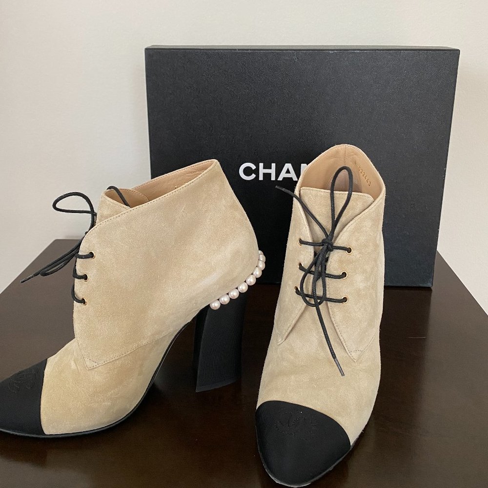 CHANEL Beige and Black Ankle Boots